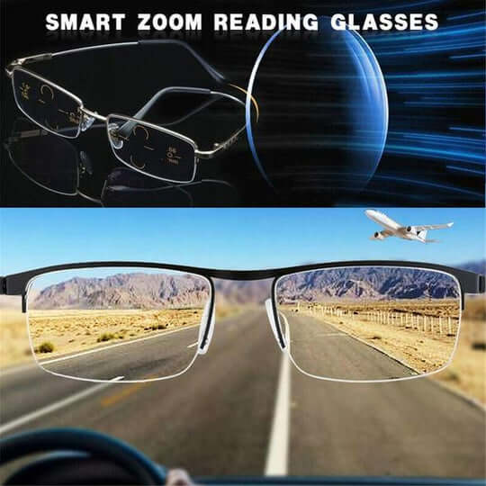 Premium unisex progressive reading glasses with smart light adapting, varifocal, anti-glare, and UV lenses.