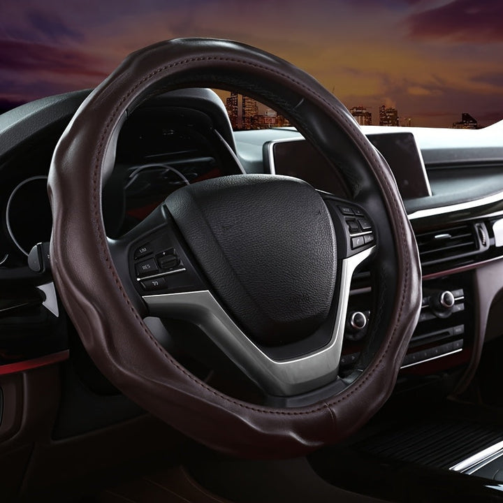 Sleek non-slip PU leather steering wheel cover for car styling and enhanced driving comfort.