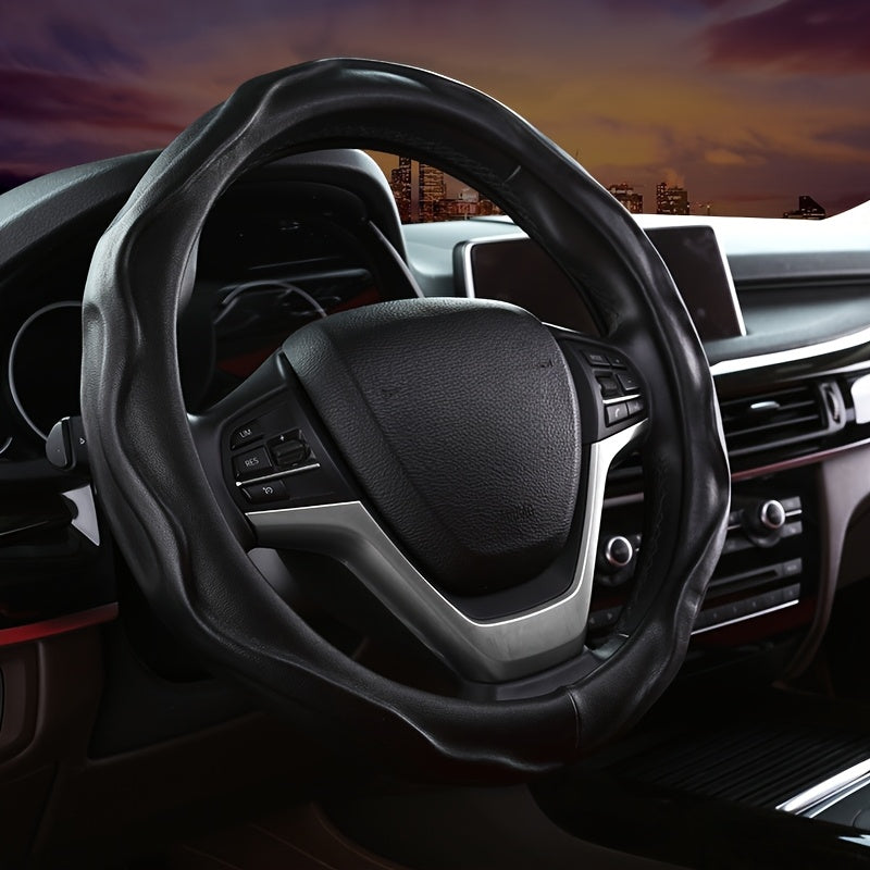 Durable PU leather steering wheel cover protects auto interior and adds car styling.