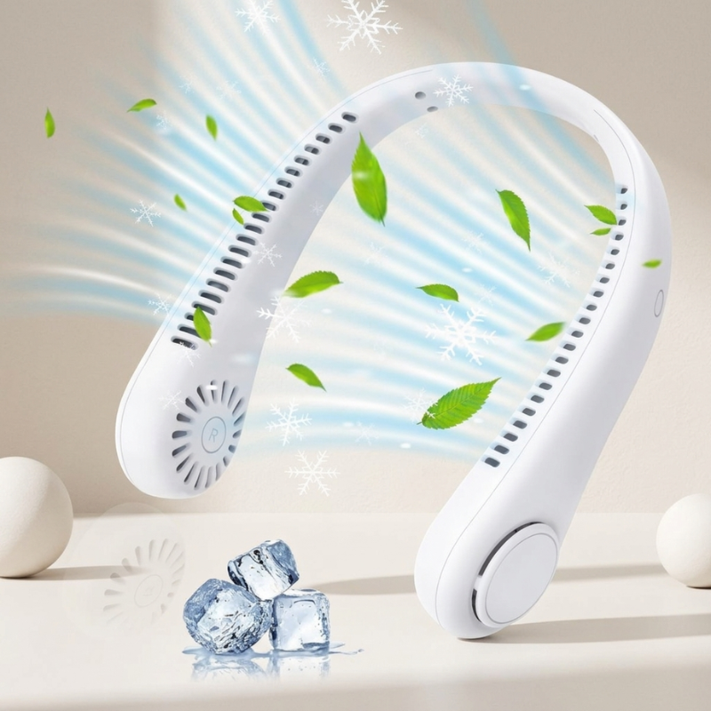 Unisex rechargeable bladeless neck fan for hands-free personal cooling. Perfect for summer, travel & outdoor activities.