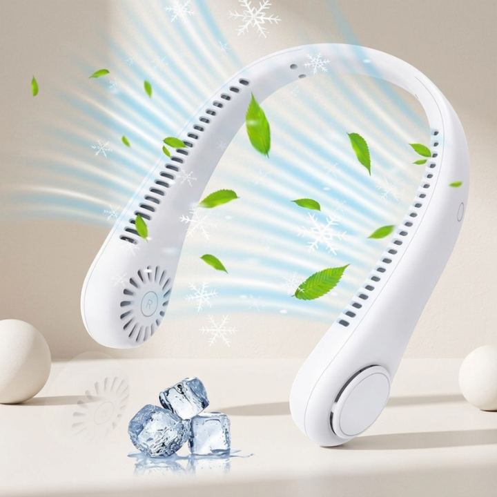 Unisex rechargeable bladeless neck fan for hands-free personal cooling. Perfect for summer, travel & outdoor activities.