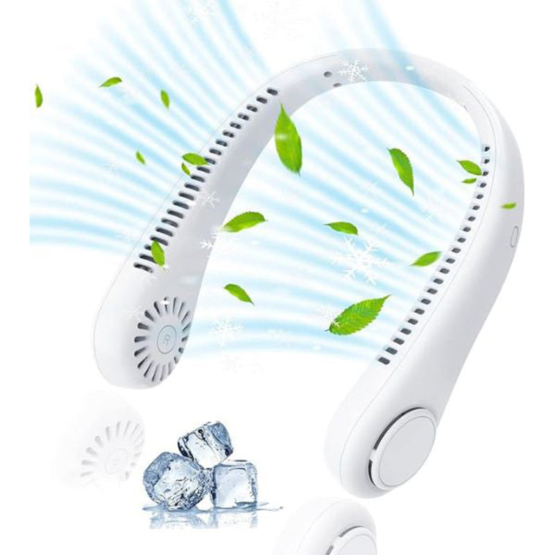 Efficient bladeless rechargeable neck fan, offering comfortable hands-free personal cooling for any activity.
