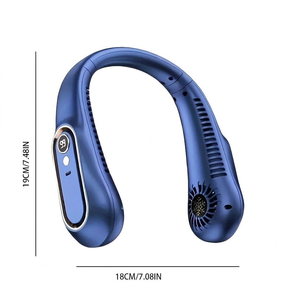 Hands-free personal cooler: a USB rechargeable neck fan with 360° airflow for sports, travel & outdoor use.