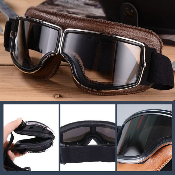 Windproof & dustproof retro aviator motorcycle goggles, OTG foldable for ultimate protection.