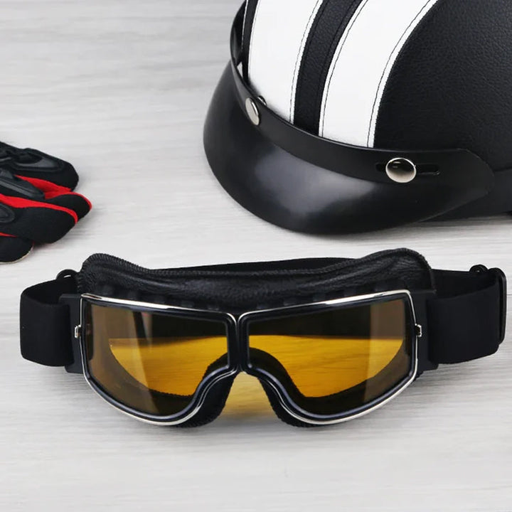 Foldable retro aviator motorcycle goggles, over-glasses design, unisex for easy storage.