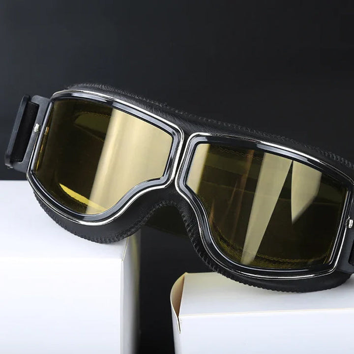 Over-glasses (OTG) aviator motorcycle goggles, retro foldable design for spectacle wearers.