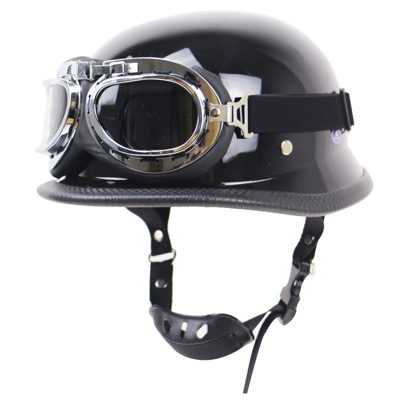 Retro motorcycle half-helmet with adjustable goggles, offering comprehensive protection for all bikers.