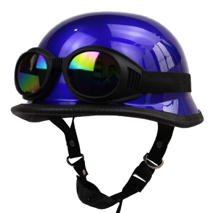 Unisex classic half-helmet and versatile motorcycle goggles, a complete set for vintage biker enthusiasts.