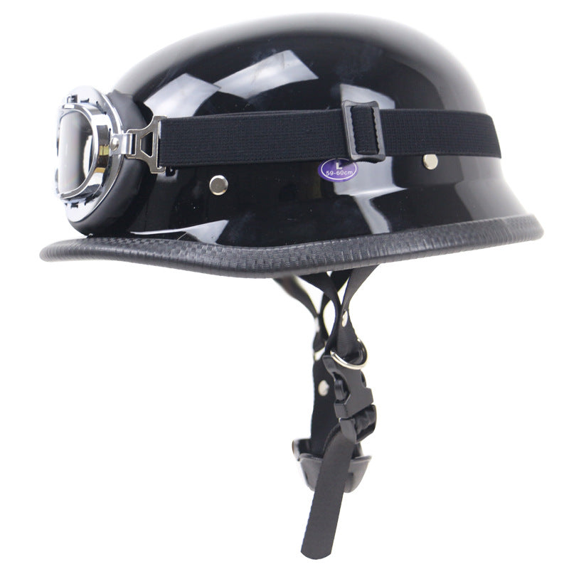 Classic open face motorcycle helmet with anti-fog riding goggles, ideal for cruiser and chopper bikes.
