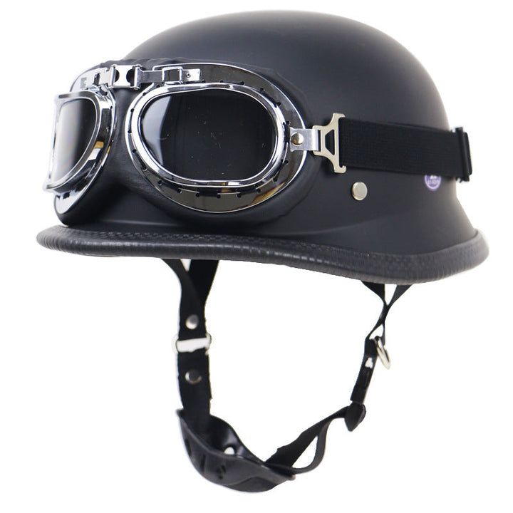 Black retro half-helmet motorcycle gear with elastic strap goggles, ensuring safe and stylish rides.