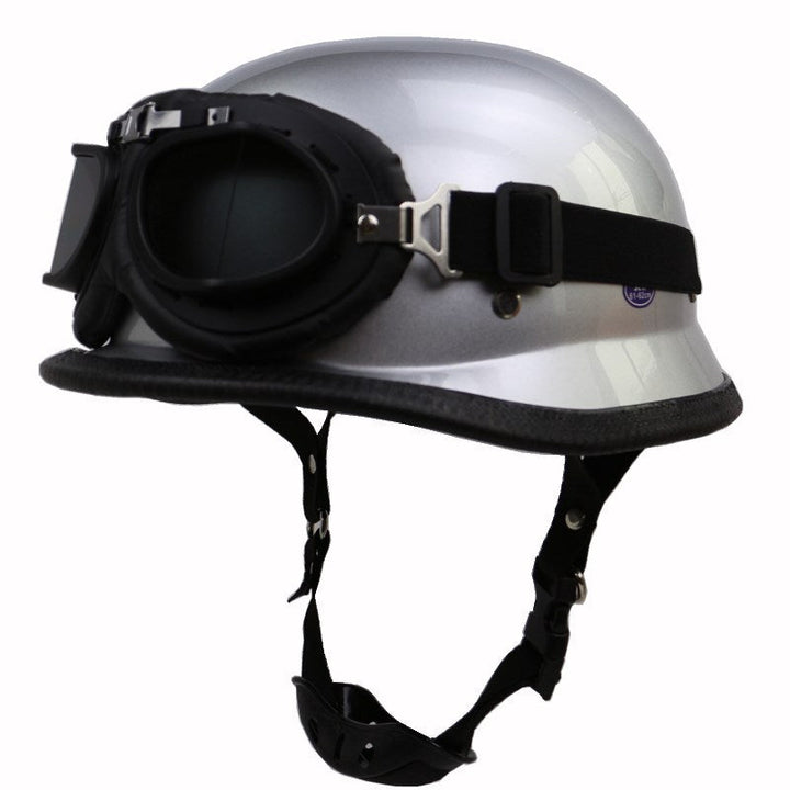 Motorcycle open face helmet with matching vintage goggles, perfect head protection for riders.