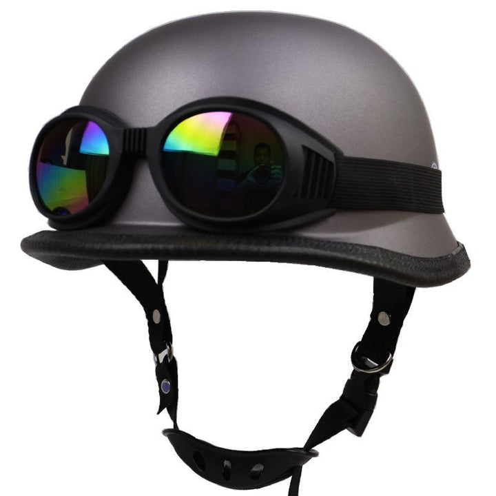 Classic biker half-helmet for men & women, including detachable protective goggles against wind and dust.