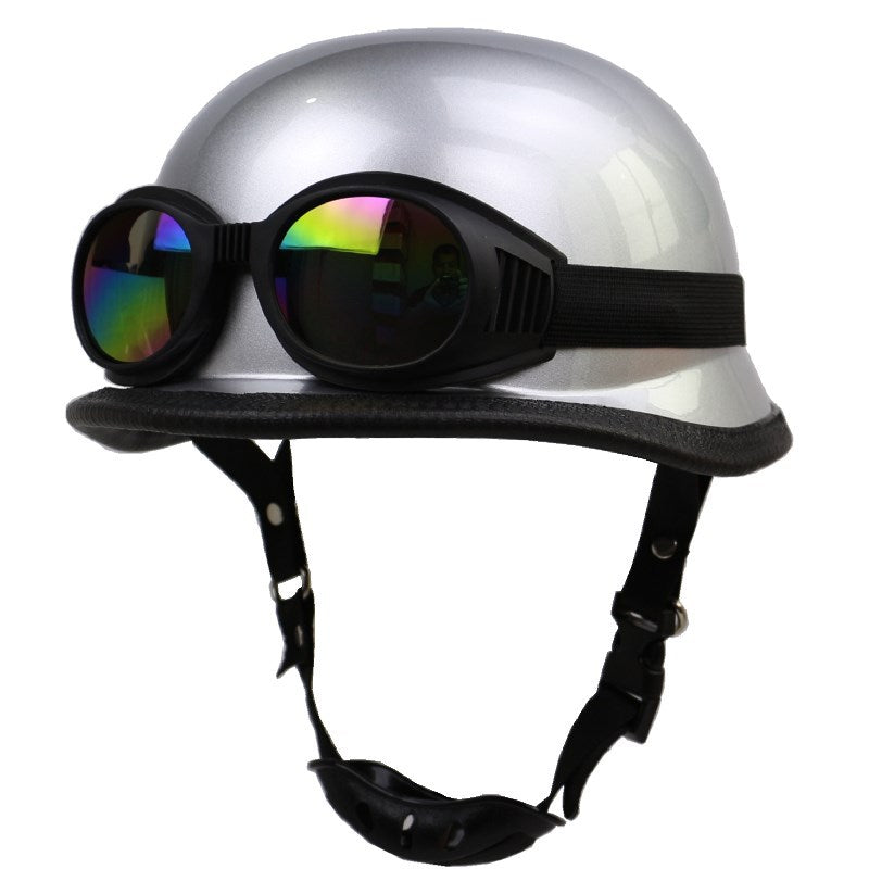 High-quality retro half-helmet and clear vision motorcycle goggles, essential vintage riding equipment.