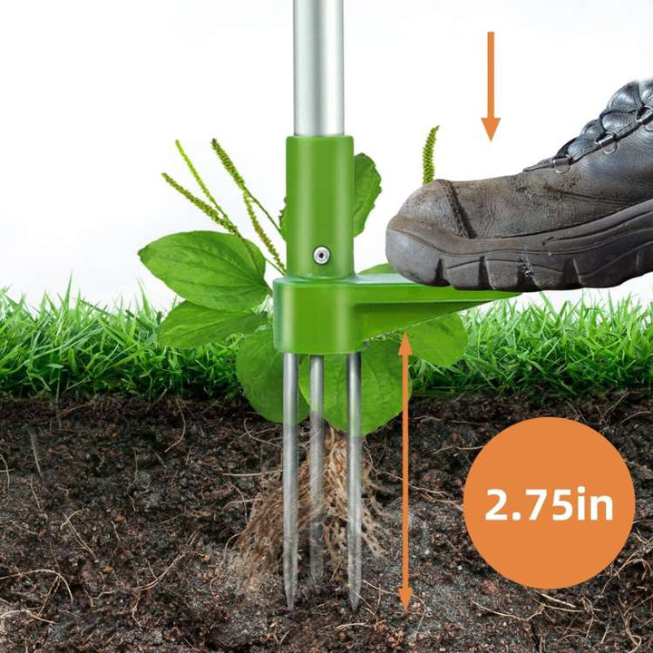 RootRipper garden weeding tool, removes deep roots without bending, ideal for lawn care.