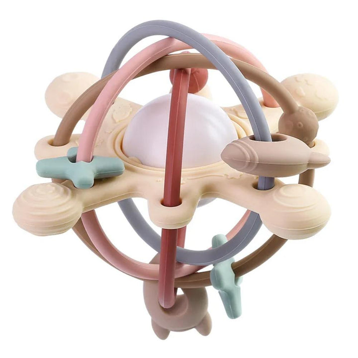 Unisex sensory teether and play bell toy for babies, offering teething relief.
