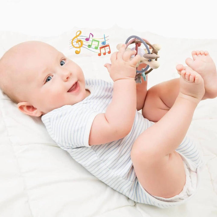 Adorable unisex newborn gift: a sensory teether and musical play bell toy.