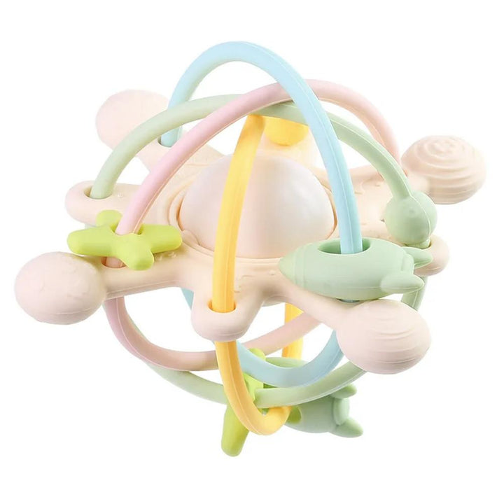 Engaging developmental toy for babies featuring a safe silicone teether and bell.