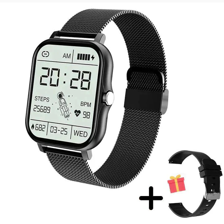 Water-resistant unisex smart watch with activity tracker and health monitor functions.