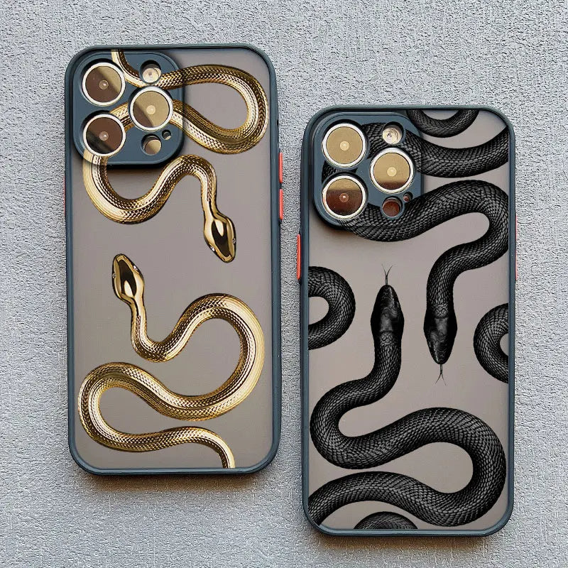 Close-up of a stylish snake pattern phone case, featuring a slim, shock-absorbing design.