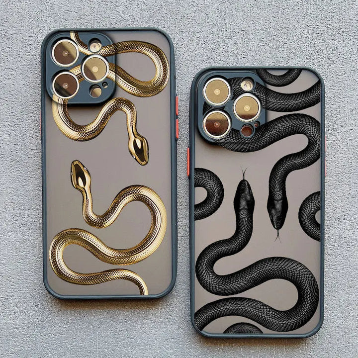 Close-up of a stylish snake pattern phone case, featuring a slim, shock-absorbing design.