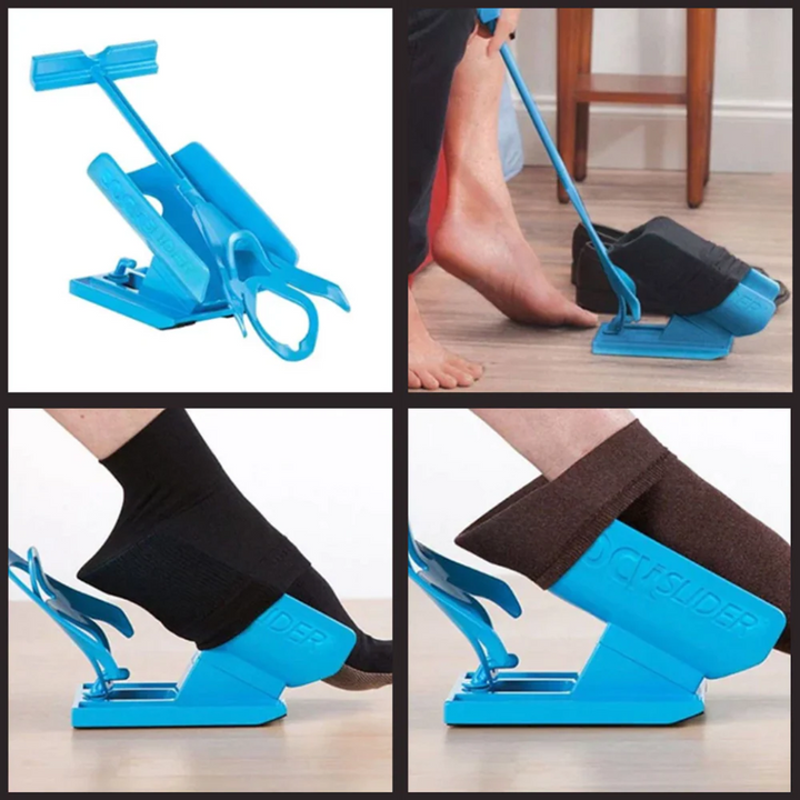 Ergonomic sock aid tool designed for effortless sock application & removal, supporting disability & elderly care.