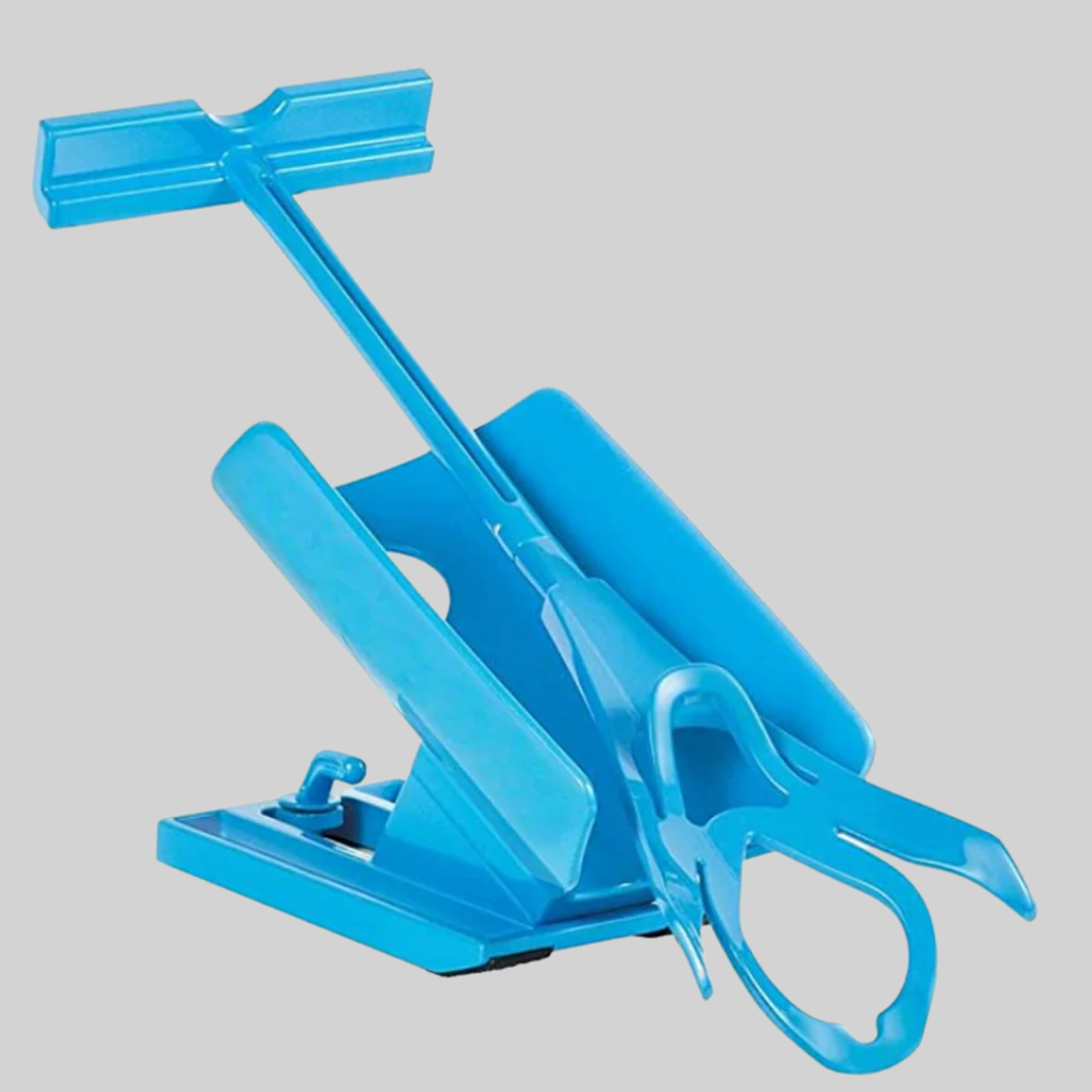 Sock helper device for easy sock donning without bending or reaching, perfect for back pain or hip recovery.