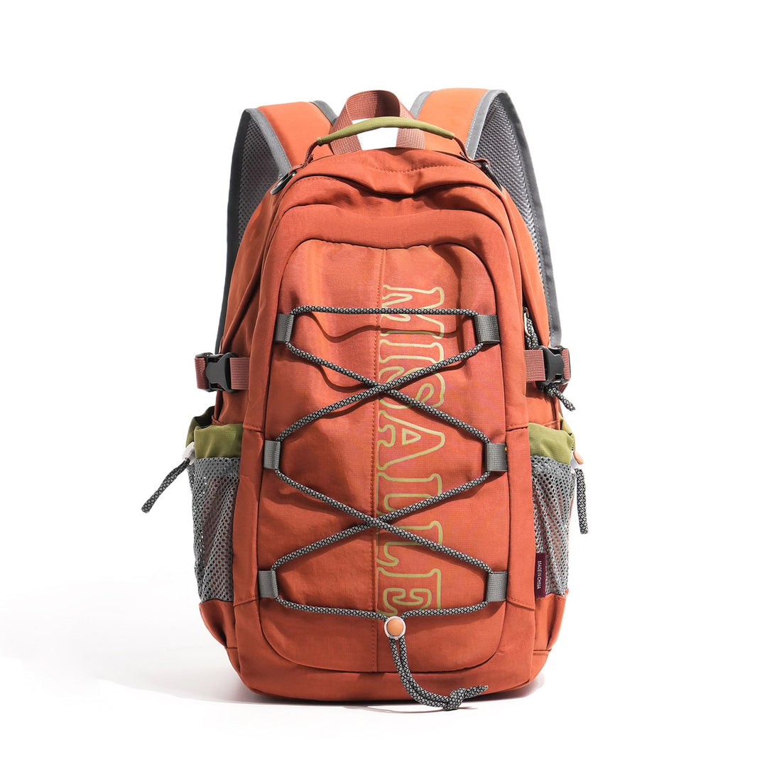 Organizer travel backpack showcasing multiple compartments, a padded laptop area, and an adjustable front bungee system.