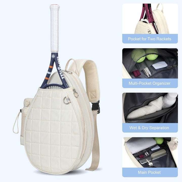 Athletic tennis racket bag, water-repellent & spacious, carrying rackets, balls, and gym essentials.