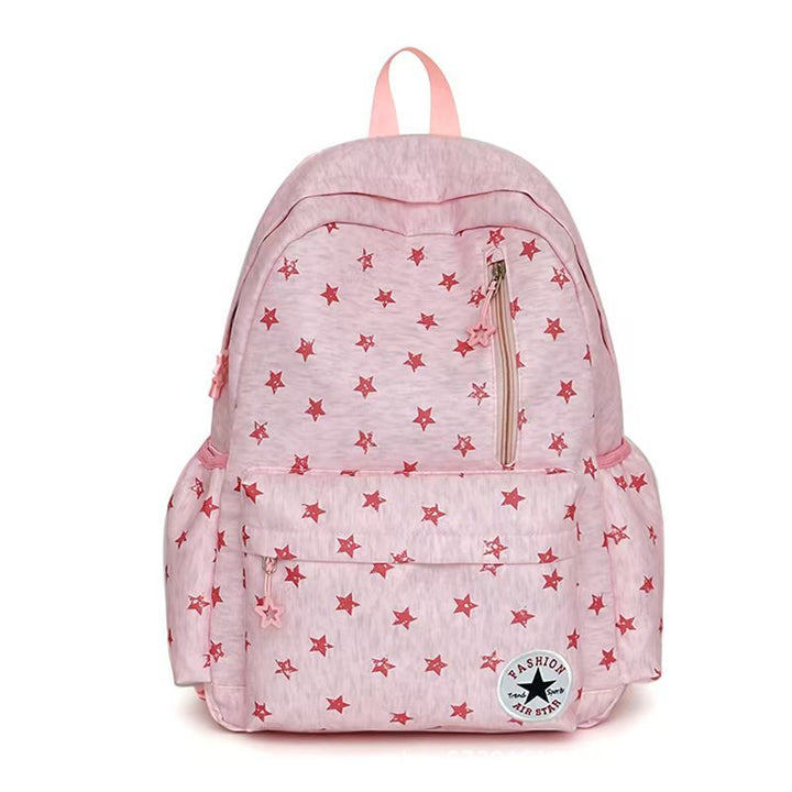 High-quality travel backpack with durable fabric and a distinctive star print, built for long-lasting adventures.
