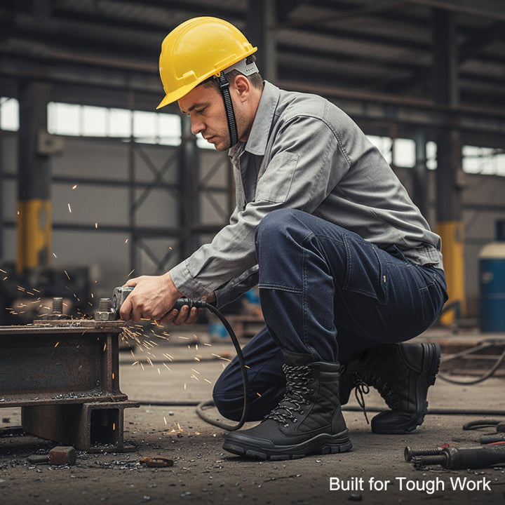 Comfortable unisex safety boots with steel toe, side zipper for easy wear, great for long shifts.