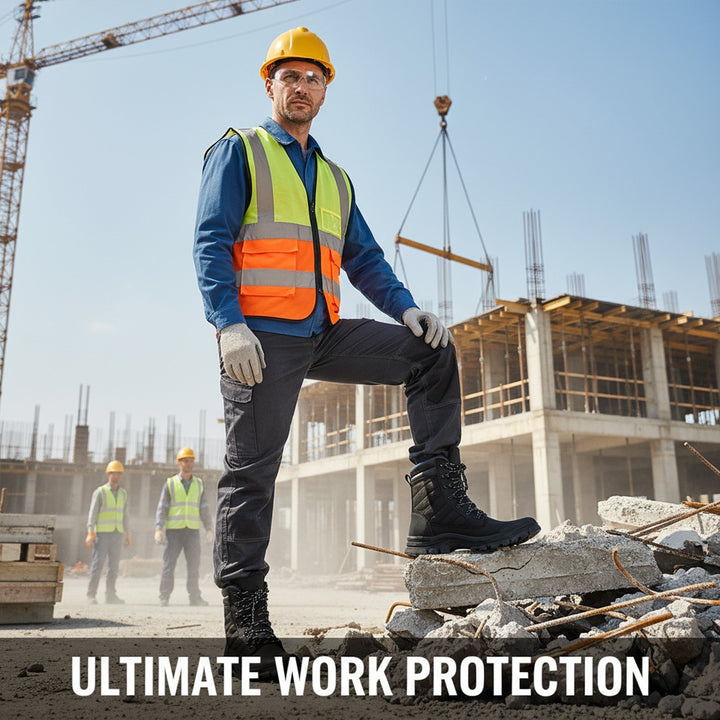 Durable steel toe work boots with side zipper, providing essential protection for heavy-duty jobs.