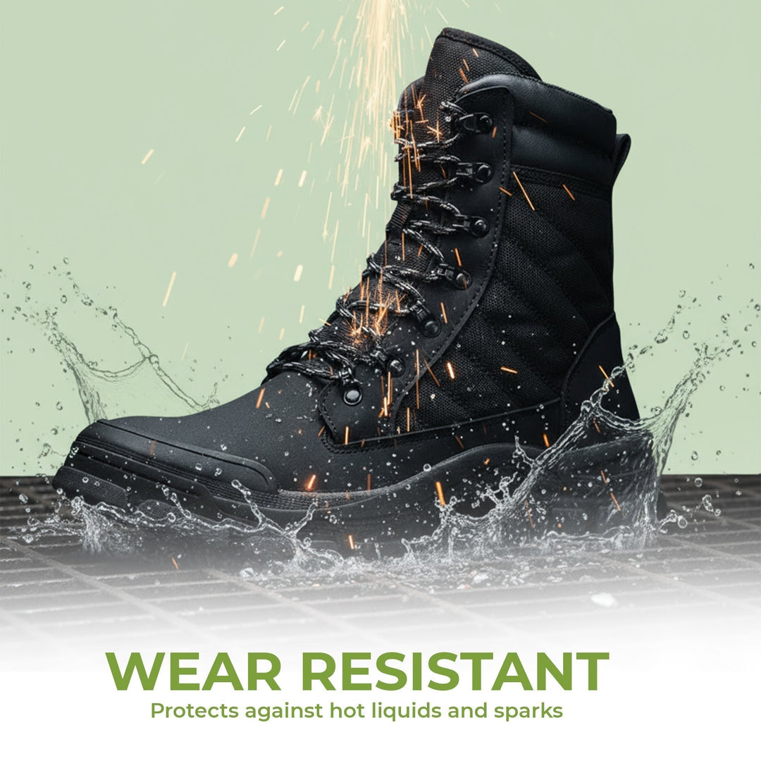 Unisex protective steel toe boots, slip-resistant with side zipper, ensuring safety & ease for workers.