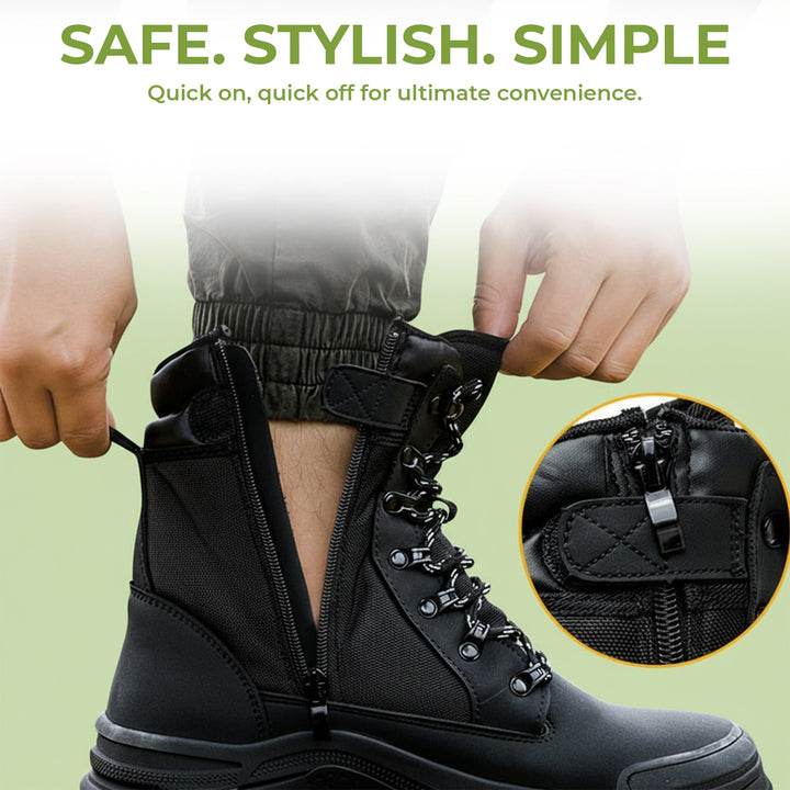 Steel toe work boots, protective, slip-resistant, unisex, with side zipper for construction & warehouse.
