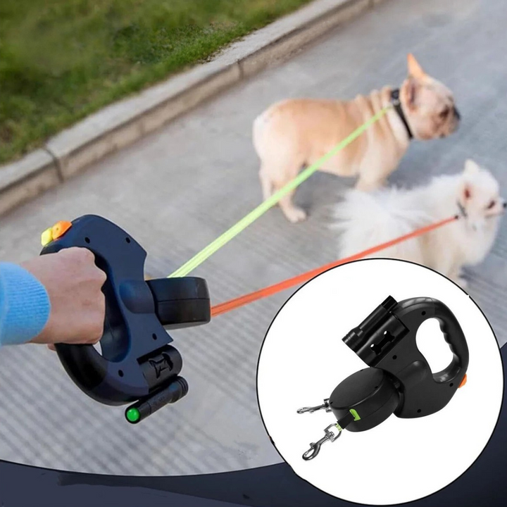 Unisex tangle-free dual dog leash with integrated LED light for walking two dogs safely at night.