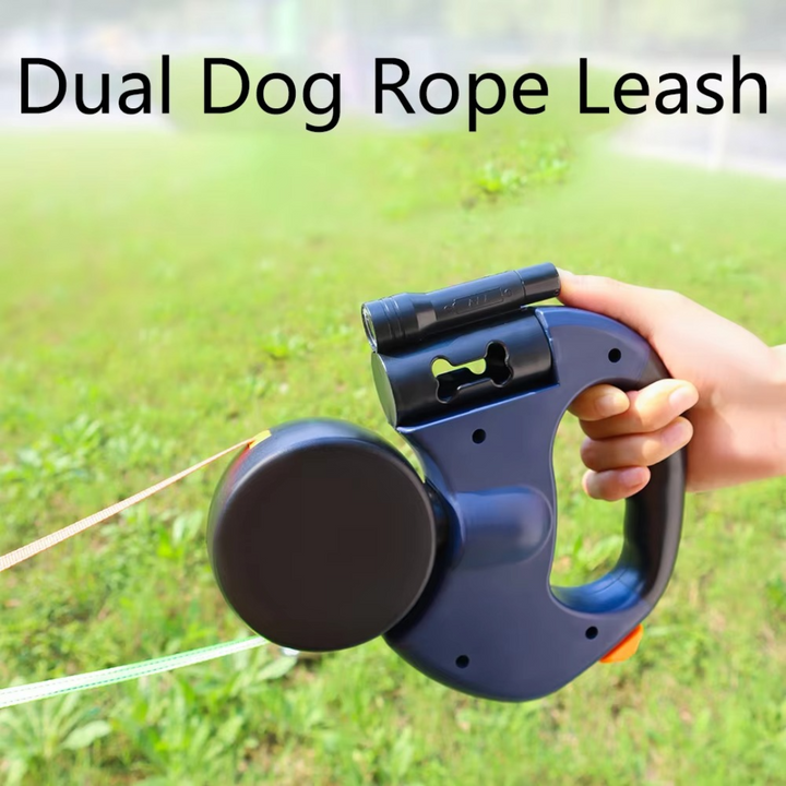 Close-up of the tangle-free dual dog leash with built-in LED light and strong connectors for two pets.