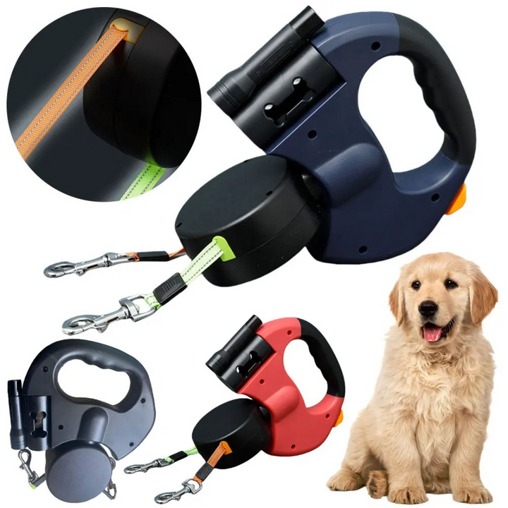 LED light dual dog leash for enhanced night safety, making evening walks with two dogs secure and visible.