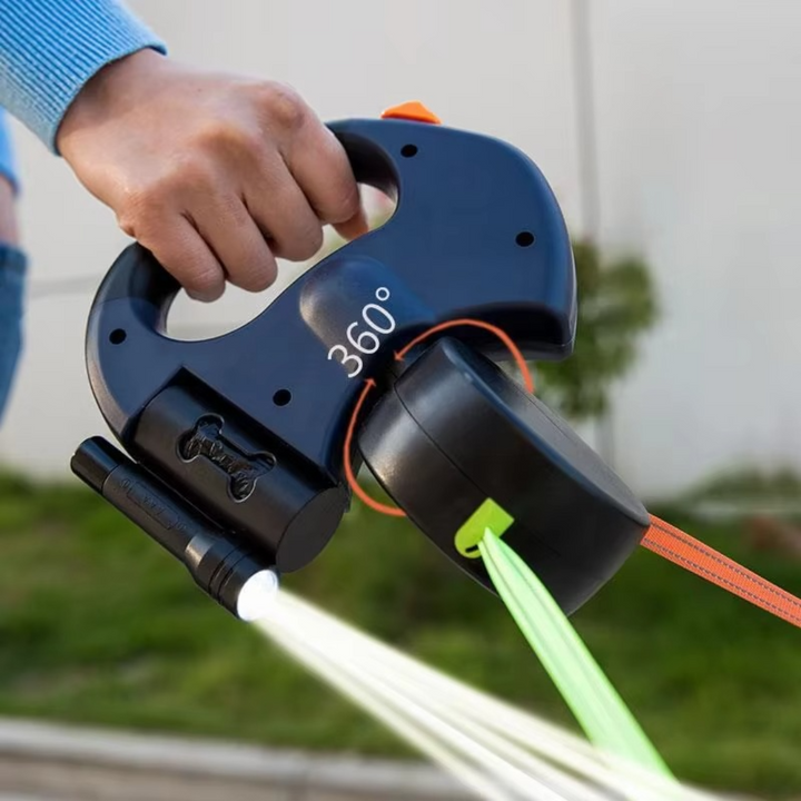 Night safety dual dog leash with bright LED light for improved visibility and secure dog walking after dark.