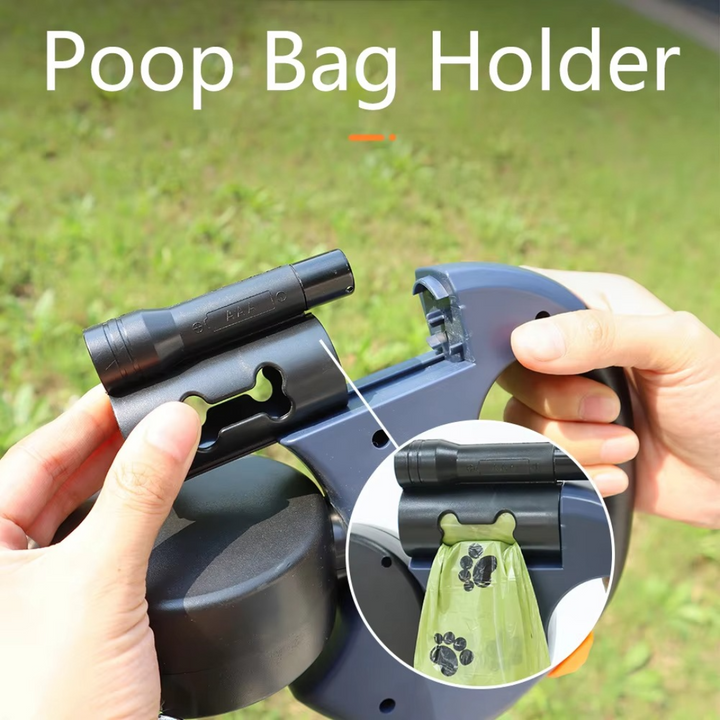 Ergonomic handle dual dog leash providing comfortable grip for pet owners walking two dogs, with LED light.