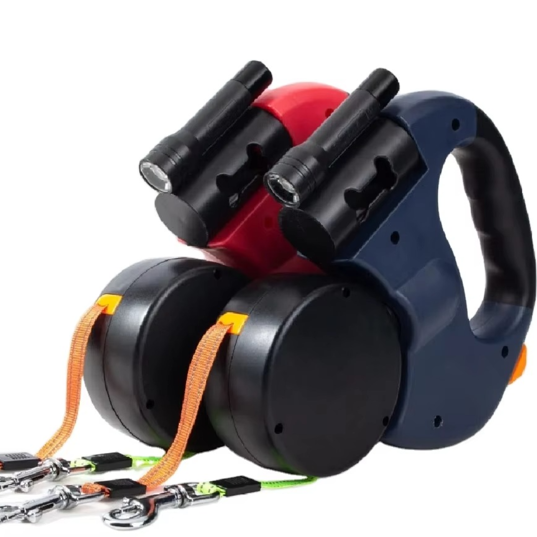 Essential pet supplies: a durable dual dog leash with tangle-free design and LED light for two-dog owners.