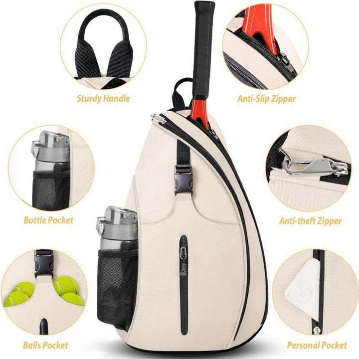 Sports tennis bag featuring an insulated drink sleeve & spacious main compartment for active lifestyles.