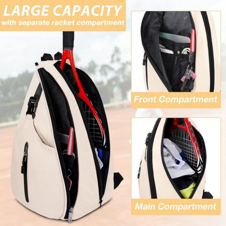 Athletic tennis backpack for men & women, designed with durable materials for rackets, balls, and gear.