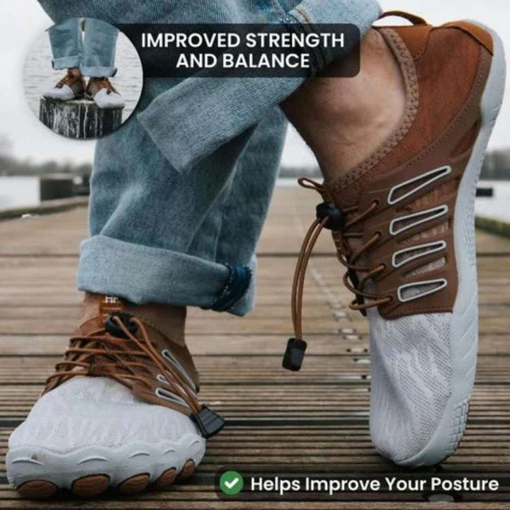 Athlete wearing TrailFlex unisex barefoot shoes on a trail, promoting natural movement & outdoor fitness.