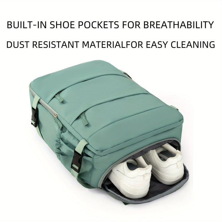 Inside view of the travel backpack, showing the 180° opening & multiple compartments for organization.