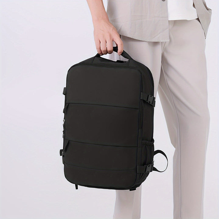 Travel backpack with unique 180° opening, perfect for efficient packing & quick security checks. Shoe storage.
