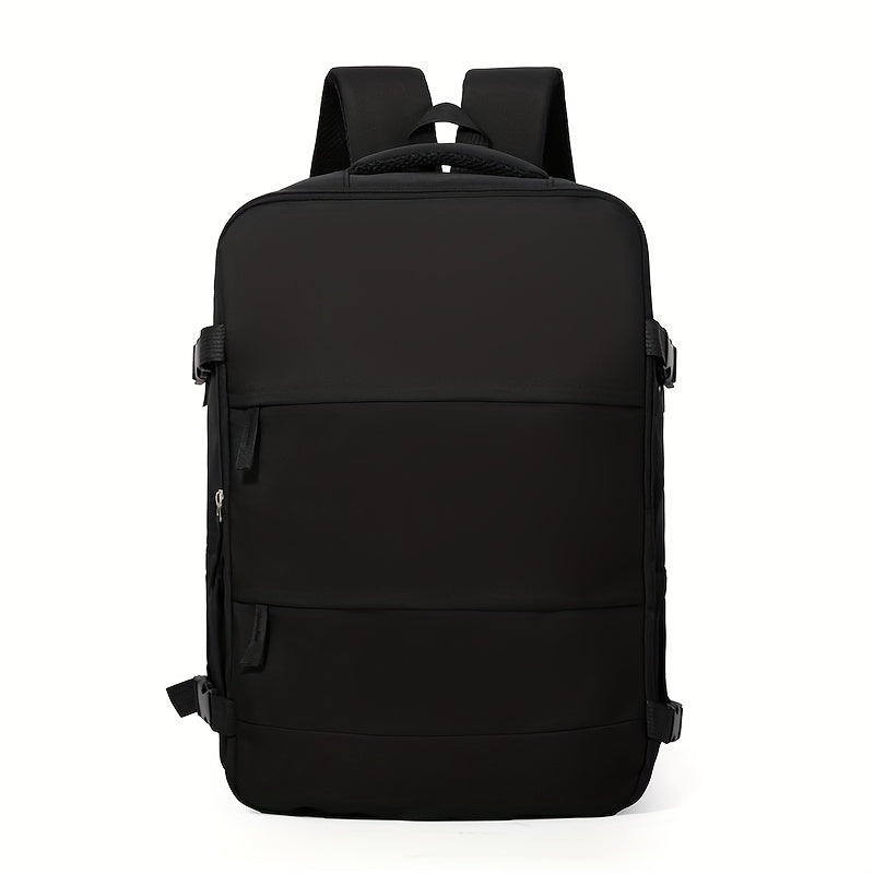 Spacious travel backpack, black, featuring a 180-degree flat opening and a dedicated shoe compartment.