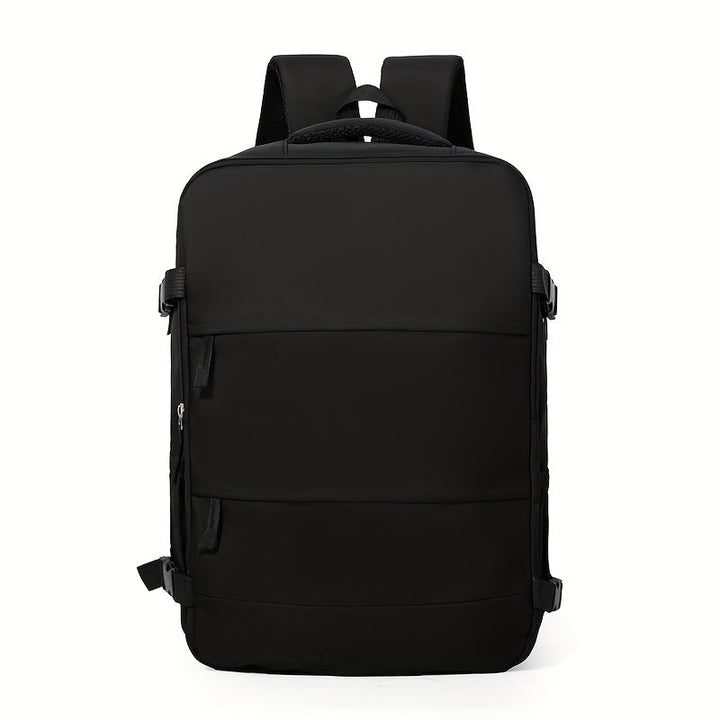 Spacious travel backpack, black, featuring a 180-degree flat opening and a dedicated shoe compartment.