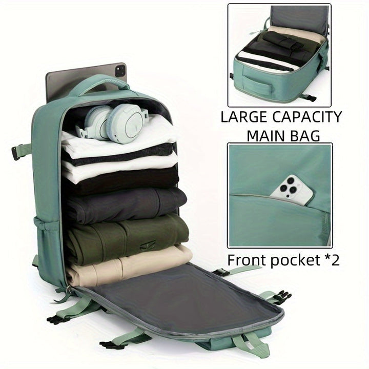 Black travel backpack for weekend trips, featuring a convenient 180° opening and integrated shoe compartment.