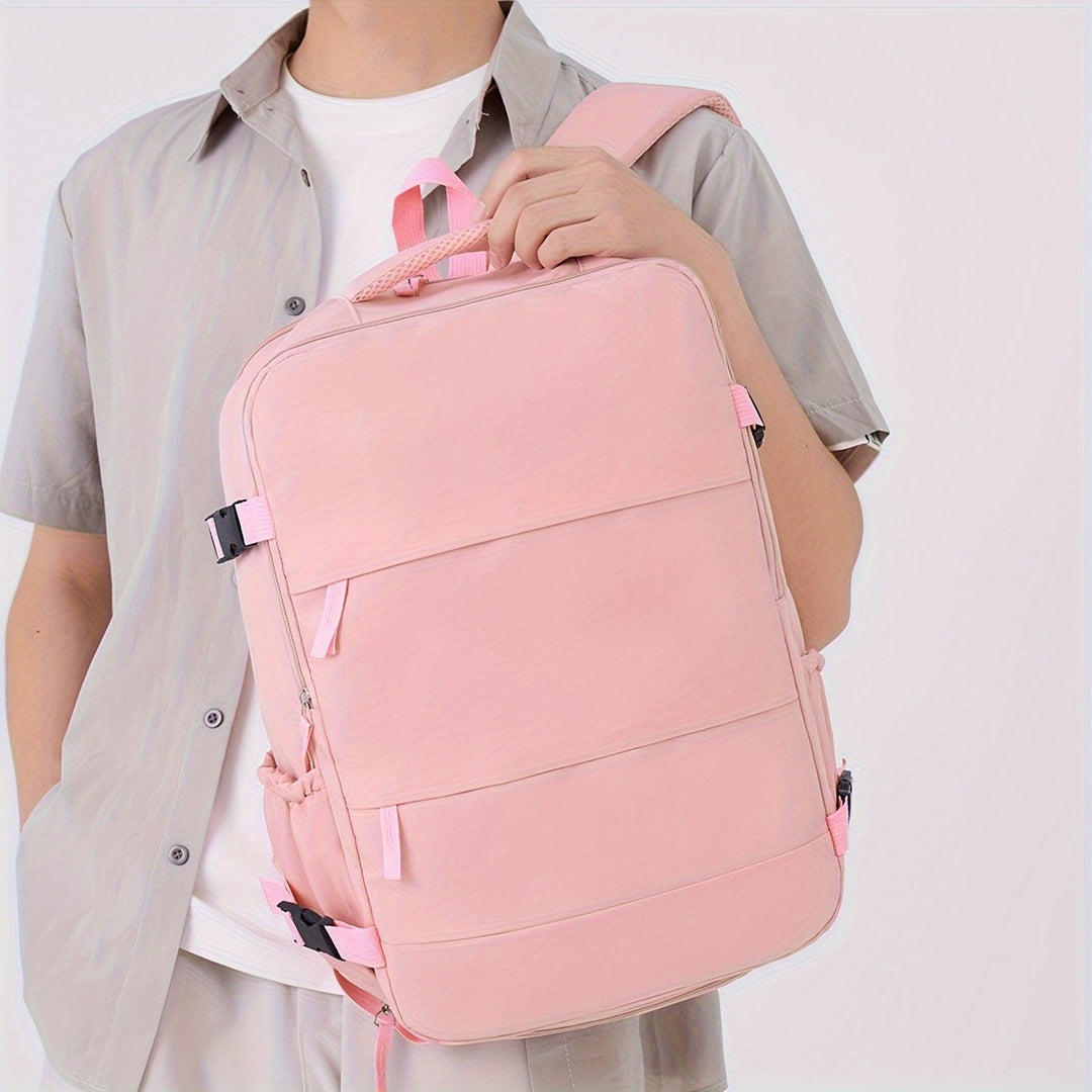 Front view of the organized unisex travel backpack with a hidden shoe compartment and durable zippers.