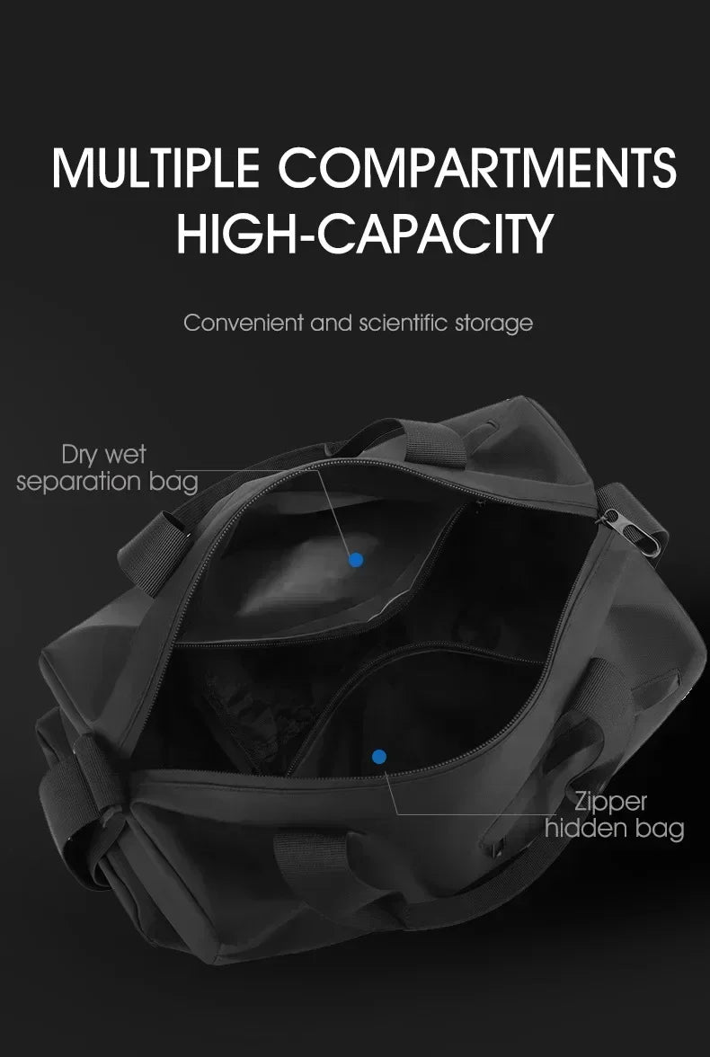 Black unisex gym & travel duffle bag. Features wet pocket & shoe compartment. Carry-on for organized travel.