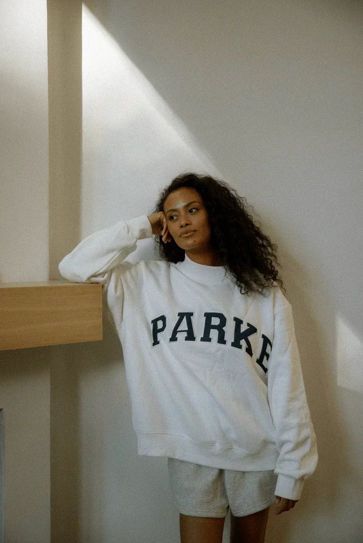 Casual streetwear varsity hoodie, oversized fit with plush chenille lettering.